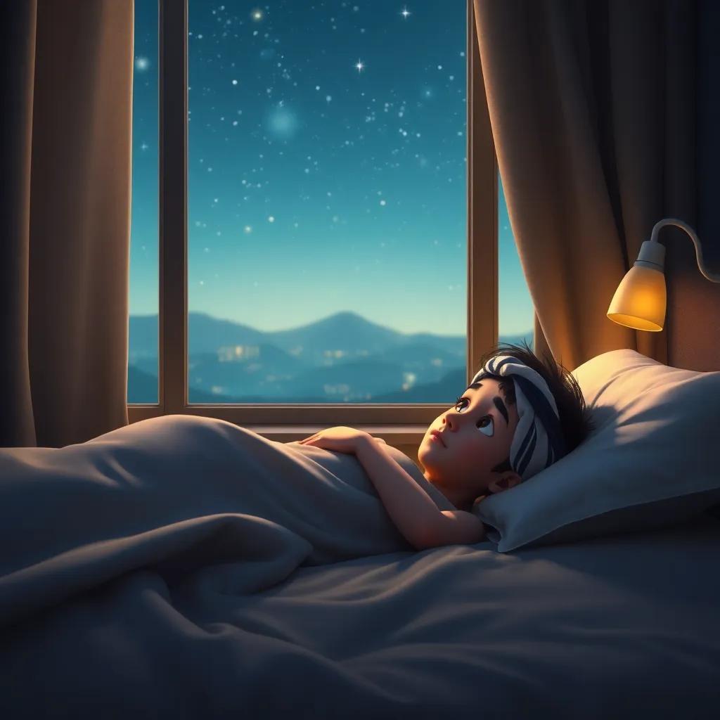 Fahd, a young Saudi boy, lying in bed, dreaming of new adventures in Saudi Arabia, stars shining outside the window, nostalgic and hopeful mood, high quality