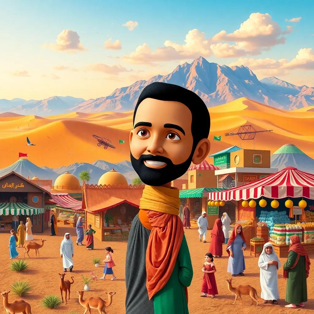 A collage of Fahd’s memories from his day, filled with vibrant scenes of the desert, mountains, market, and family, showcasing the beauty of Saudi Arabia, colorful art, artistic representation, high quality