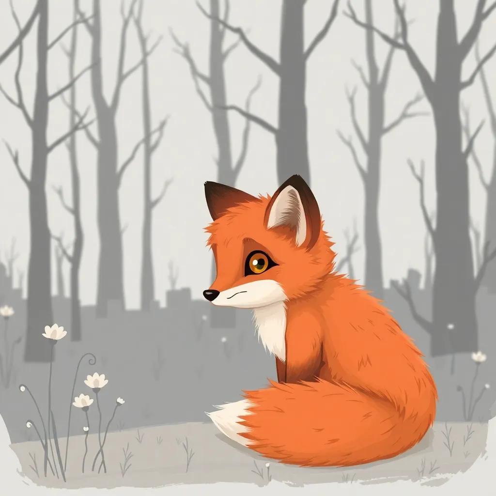 A small, cute fox named Floks, with fluffy orange fur and bright eyes, sitting in a dull gray forest with gray trees and lifeless flowers, sketch style, muted colors, feeling of sadness, child-friendly, high quality