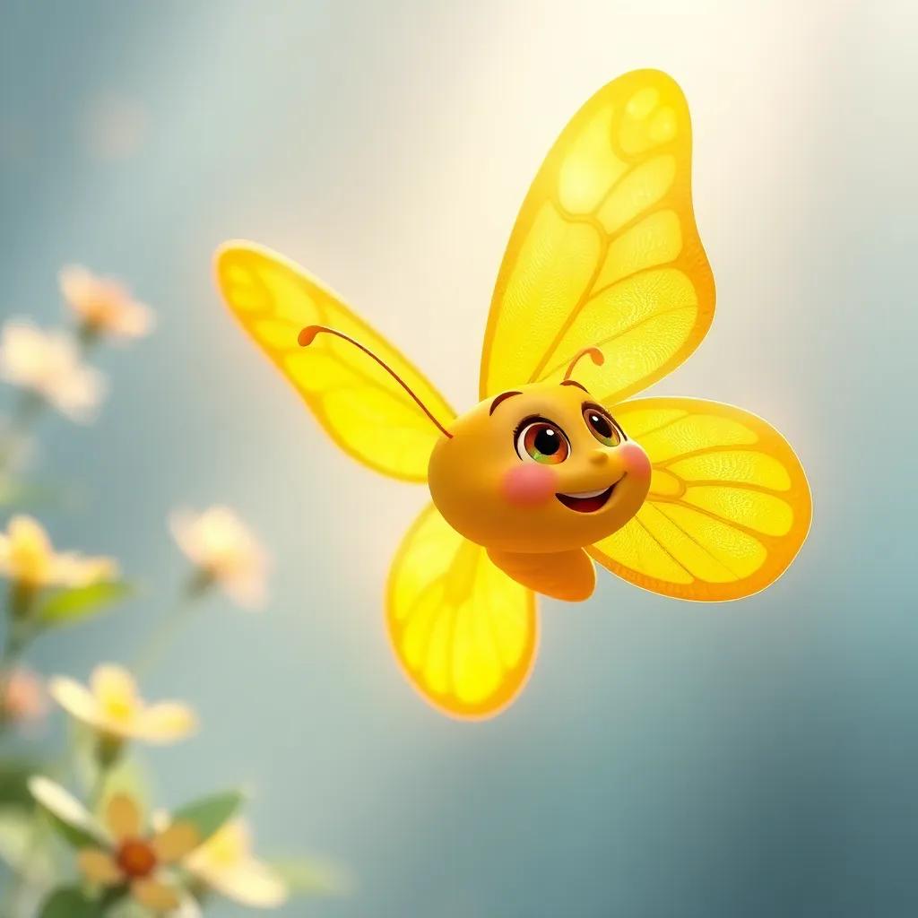 A golden butterfly fluttering near Floks, shining like sunlight, with a cheerful face and delicate wings, looking surprised and excited, digital art, bright and vibrant colors, soft light, high quality