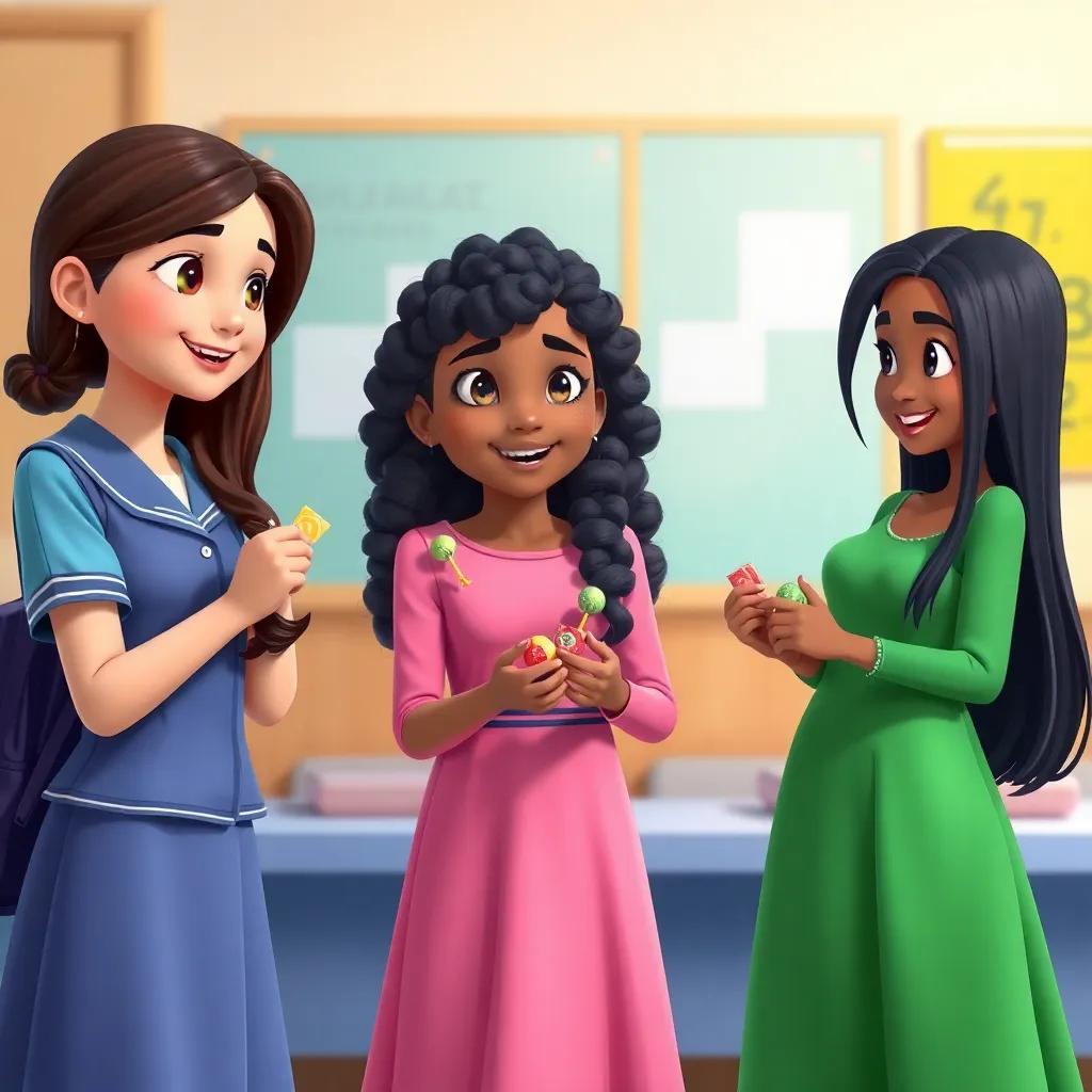 Three girls, Sadia, with dark brown hair, wearing a blue school uniform, Fatima, with curly black hair, wearing a pink dress, Amina, with straight black hair, wearing a green dress, sharing candies while discussing division concept, fun and engaging setting, friendly conversation, colorful, high quality, child-friendly