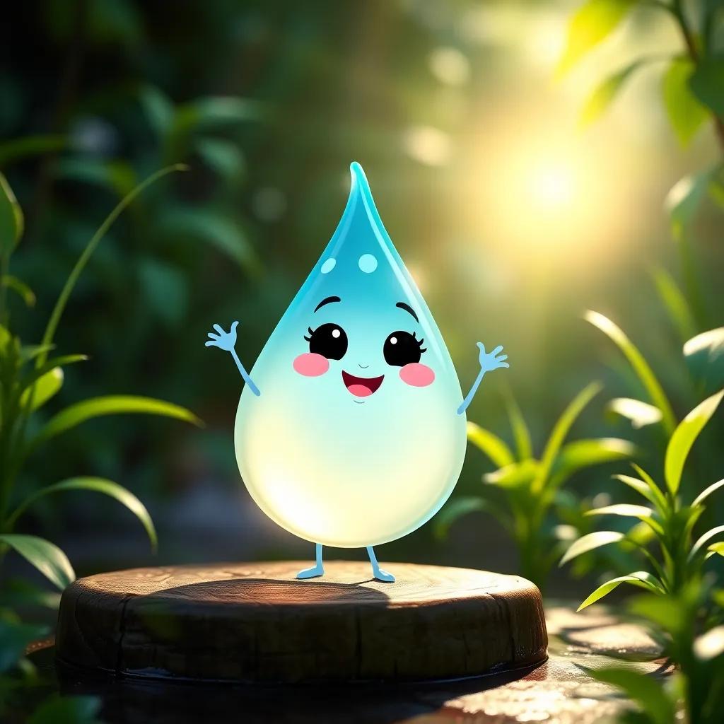 A small water droplet named Lulu, with a happy face, dancing in the sunlight, surrounded by greenery, bright colors, cheerful atmosphere, digital art, child-friendly, high-quality