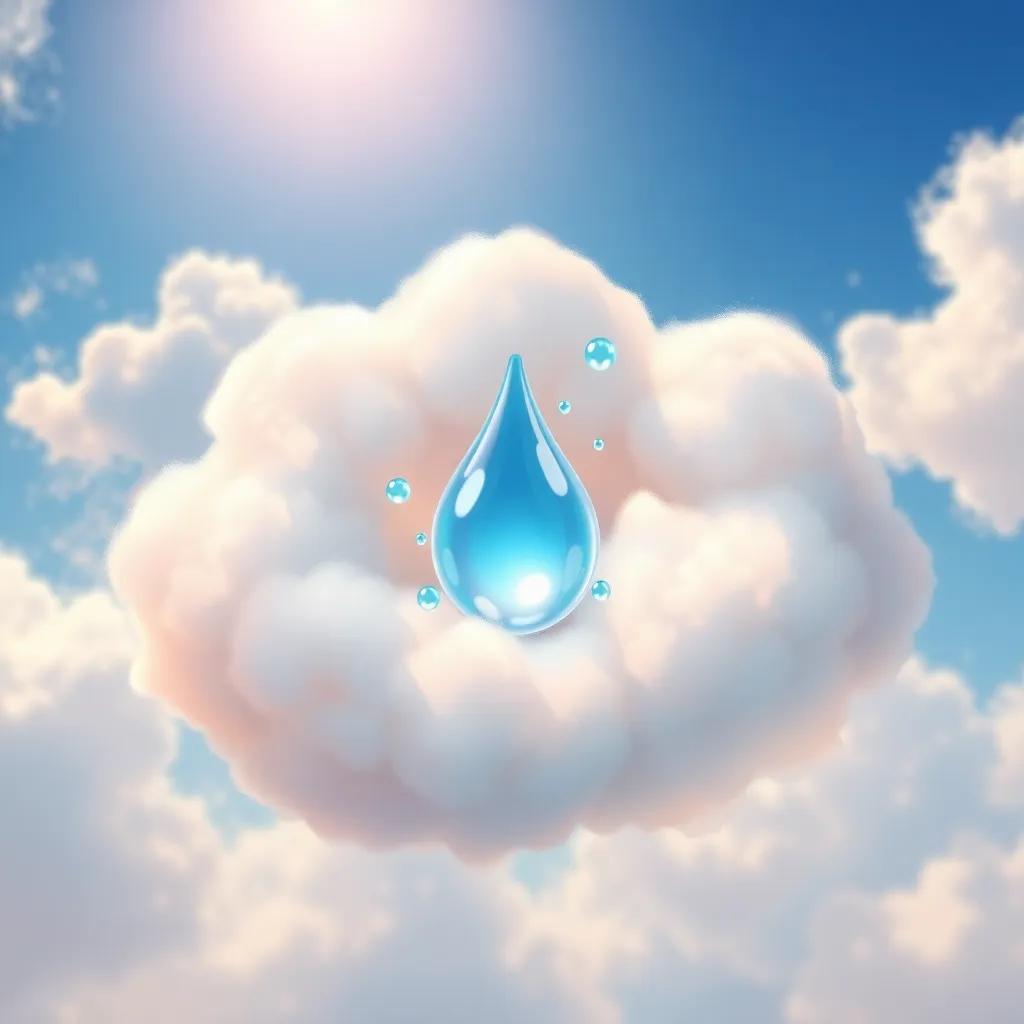 A fluffy cloud in the sky, with Lulu the water droplet inside, surrounded by other tiny droplets, colorful backdrop of blue sky and sunlight, whimsical style, joyful scene, digital painting, vibrant colors