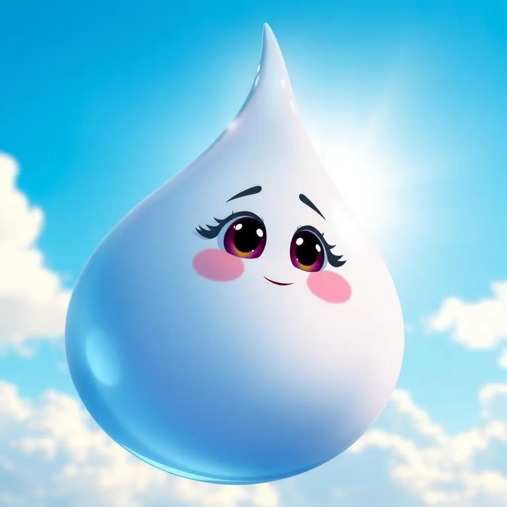 A small water droplet named Lulu, shimmering in the sunlight, looking determined, with a bright blue sky and fluffy clouds, joyful atmosphere, vibrant colors, digital art, high quality