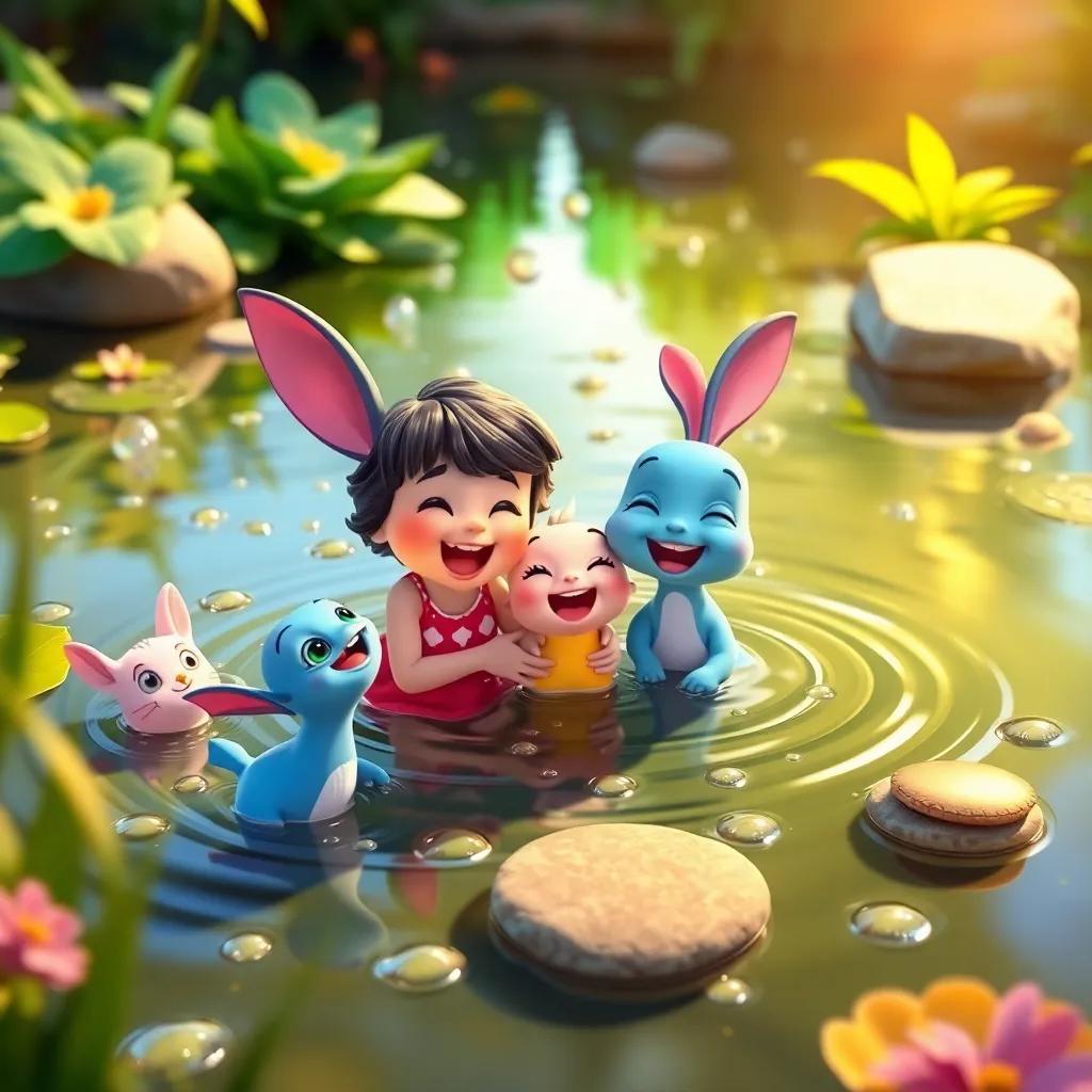 A lively pond filled with droplets of water, with Lulu joyously reuniting with her family, joyful expressions, lush greenery around, vibrant colors, warm light, cheerful, illustration, high quality