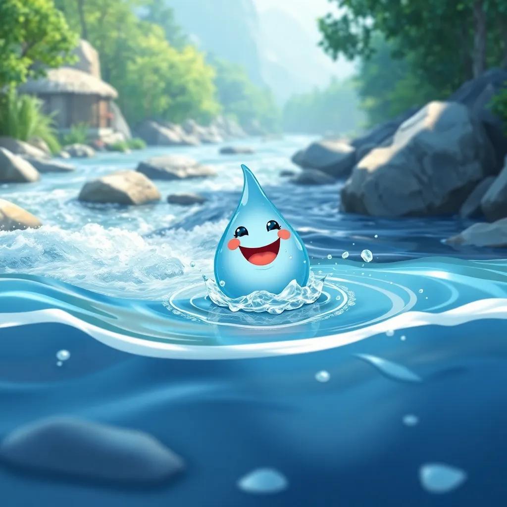 A cheerful water droplet rolling in a flowing river, playing joyfully with the waves, surrounded by beautiful nature, lively and colorful illustration, bright light, whimsical atmosphere, captivating view, high quality