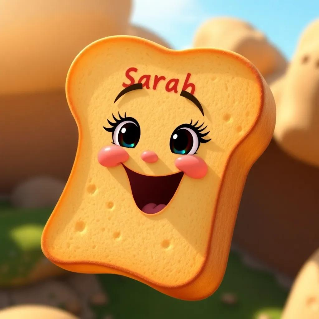 A slice of bread named Sarah, excited and smiling, setting off on an adventure, inside a child's mouth, colorful and cartoonish, joyful atmosphere, bright light, high quality
