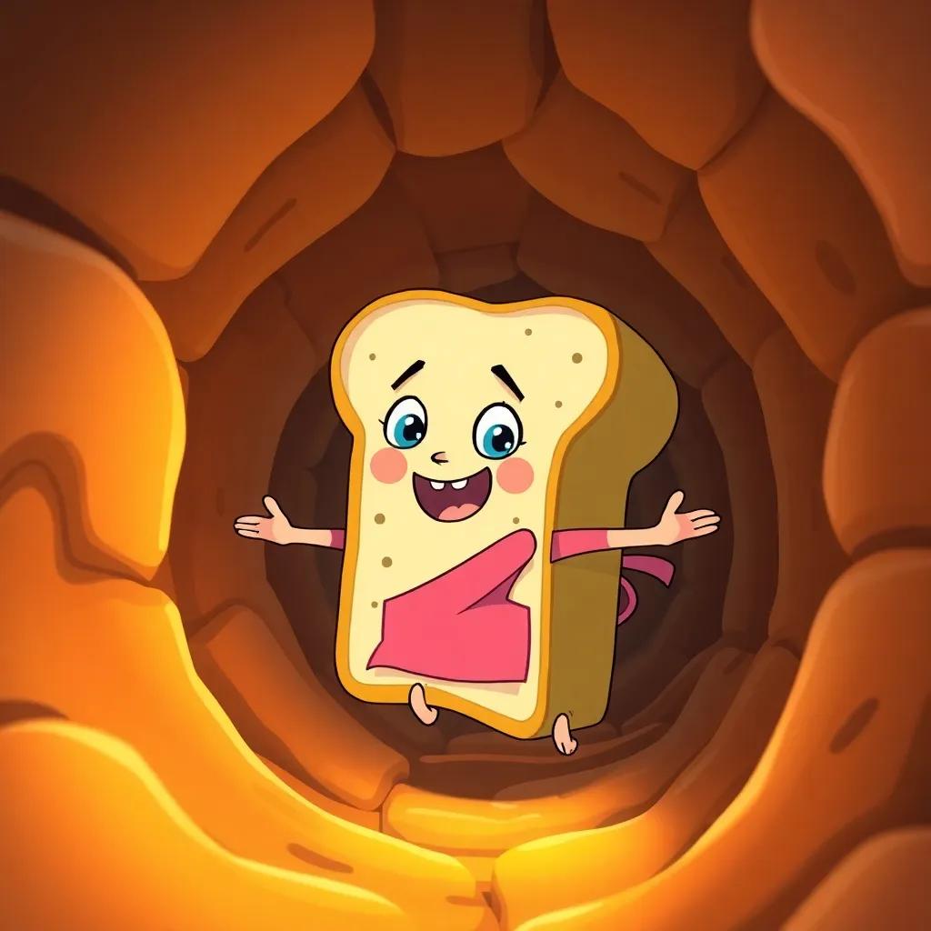 A brave slice of bread, Sarah, traveling through a narrow esophagus, cartoon style, vivid colors, sense of movement, child-friendly scene, warm light, high quality