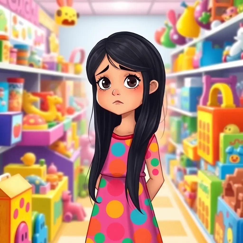 A young Arab girl, Fatima, with long black hair wearing a bright colorful dress, standing with a sad expression in a toy store filled with colorful toys and games, vibrant colors, child-friendly atmosphere, detailed, cheerful
