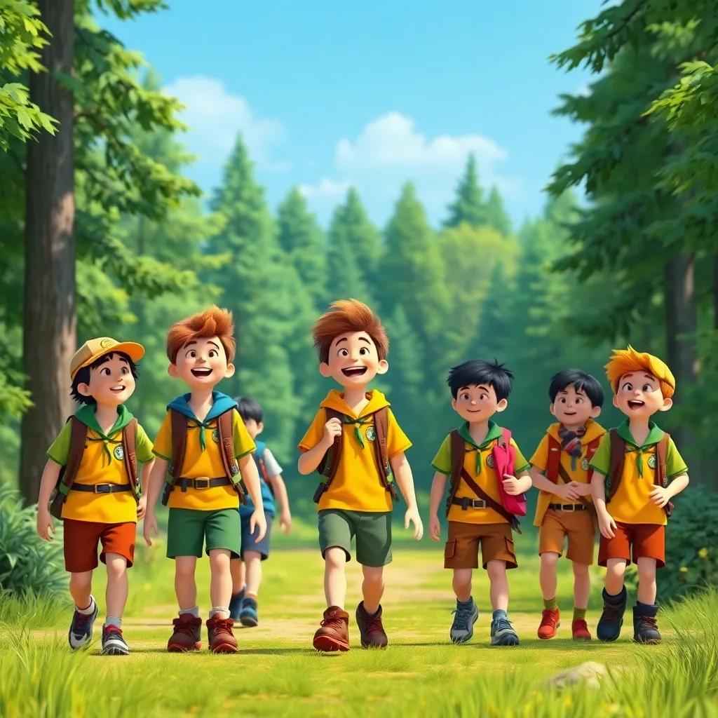 A group of excited scouts in vibrant hiking gear, walking towards a bright green forest, singing songs, with trees in the background, digital art, cheerful colors, engaging atmosphere, high quality