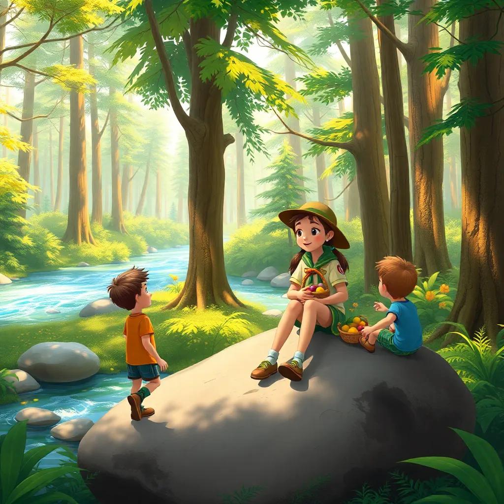 A lively forest scene with tall trees and a sparkling river, a young scout girl sitting on a large rock with a basket of fruits, and three boys around her discussing, bright and sunny, warm colors, nature-focused, storytelling mood, high quality
