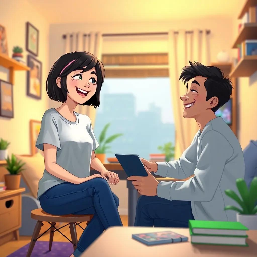 A young girl, Kelsey, with short black hair wearing jeans and a t-shirt, sitting in a cozy shared apartment with a friendly young man named Sami, laughing together while studying at a table, bright lighting, warm colors, inviting atmosphere, happy perspective, high quality