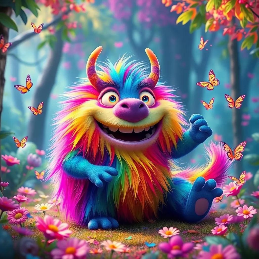 A colorful monster named Lgallal with rainbow fur, happily playing in a vibrant forest, butterflies fluttering around, digital art, cheerful, bright colors, playful atmosphere, high quality