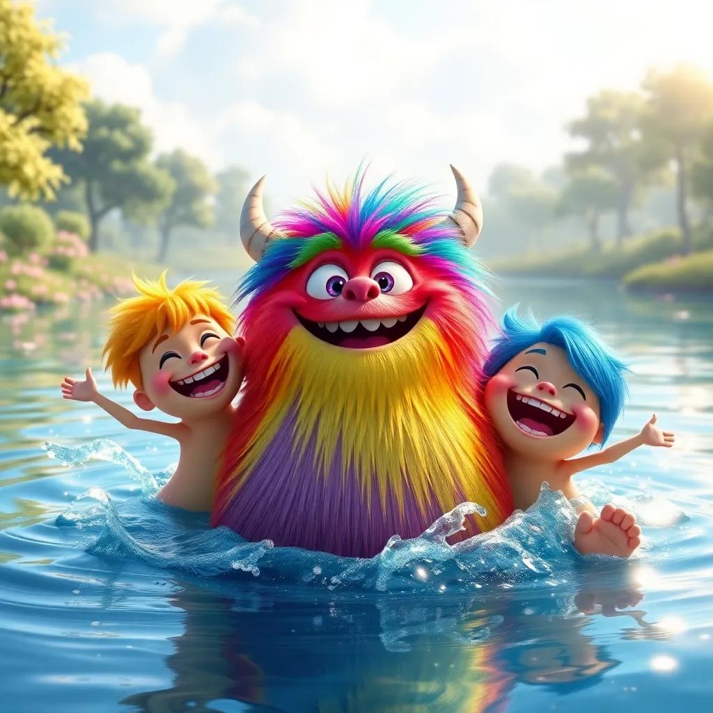 Lgallal, the colorful monster with rainbow fur, joyfully splashing in a shiny lake with friends, joyful expressions, smiling, nature around them with trees and flowers, illustration, fun, child-friendly, vibrant