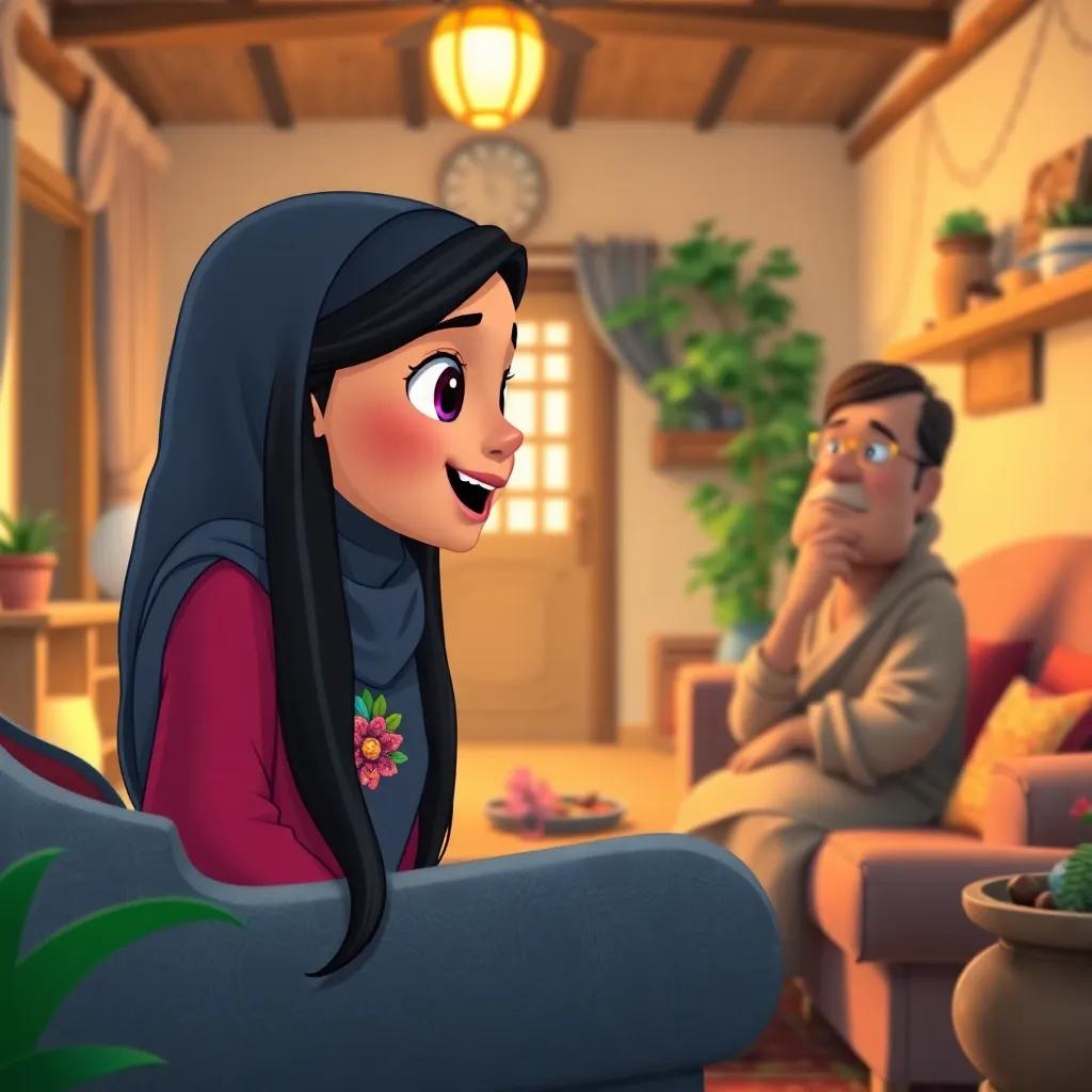 A small village scene with a girl named Leila, with long black hair, wearing a colorful dress and a hijab, talking excitedly to her parents in the living room of a cozy home, warm light, vibrant colors, inviting atmosphere