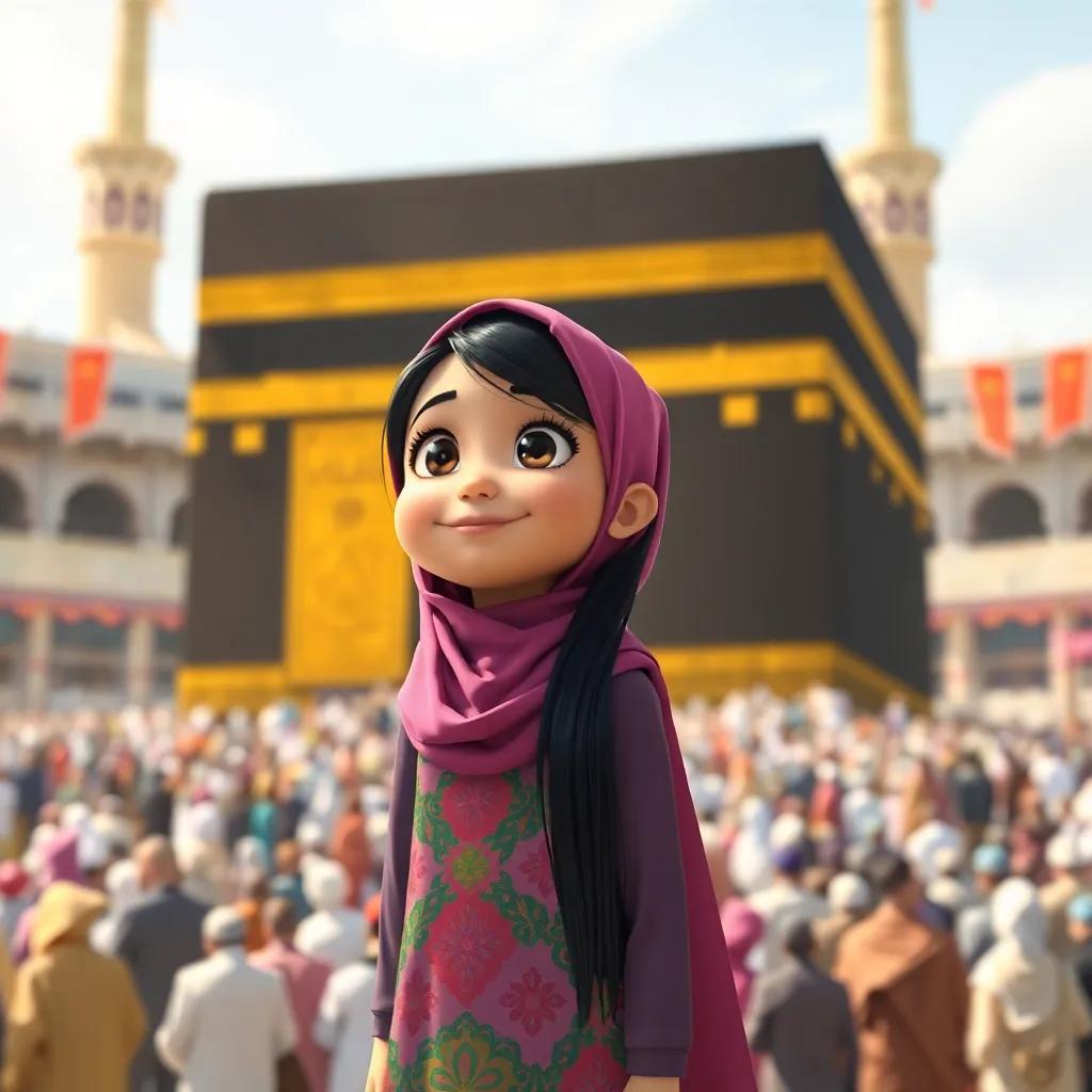 Leila, a young girl with long black hair wearing a colorful dress and hijab, standing in front of the Kaaba in Mecca, eyes wide with wonder, surrounded by a crowd of worshippers, bright sunlight, spiritual atmosphere, joyful