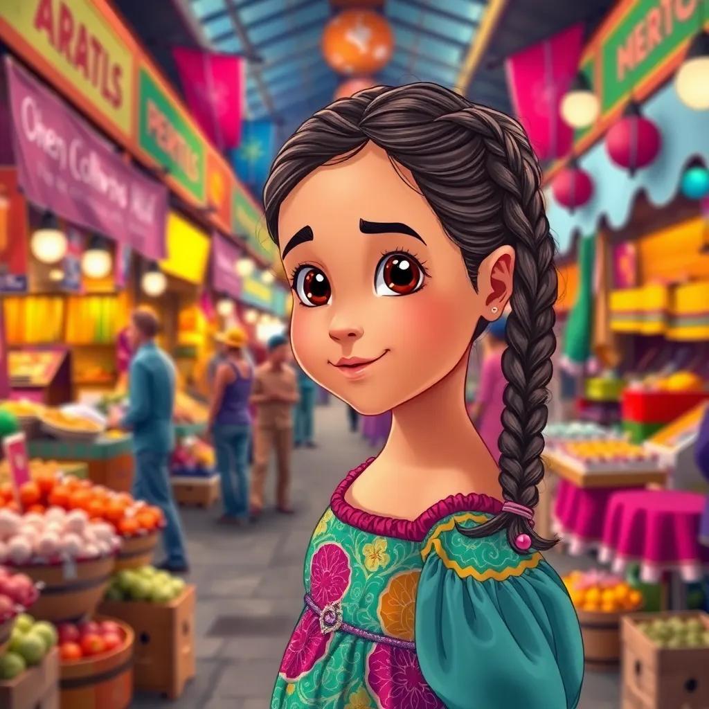 A young girl named Leila, dressed in a beautiful, colorful dress with braided hair, looking curiously at a bustling market full of stalls, vibrant and lively atmosphere, illustration, cheerful and adventurous, engaging perspective, high quality