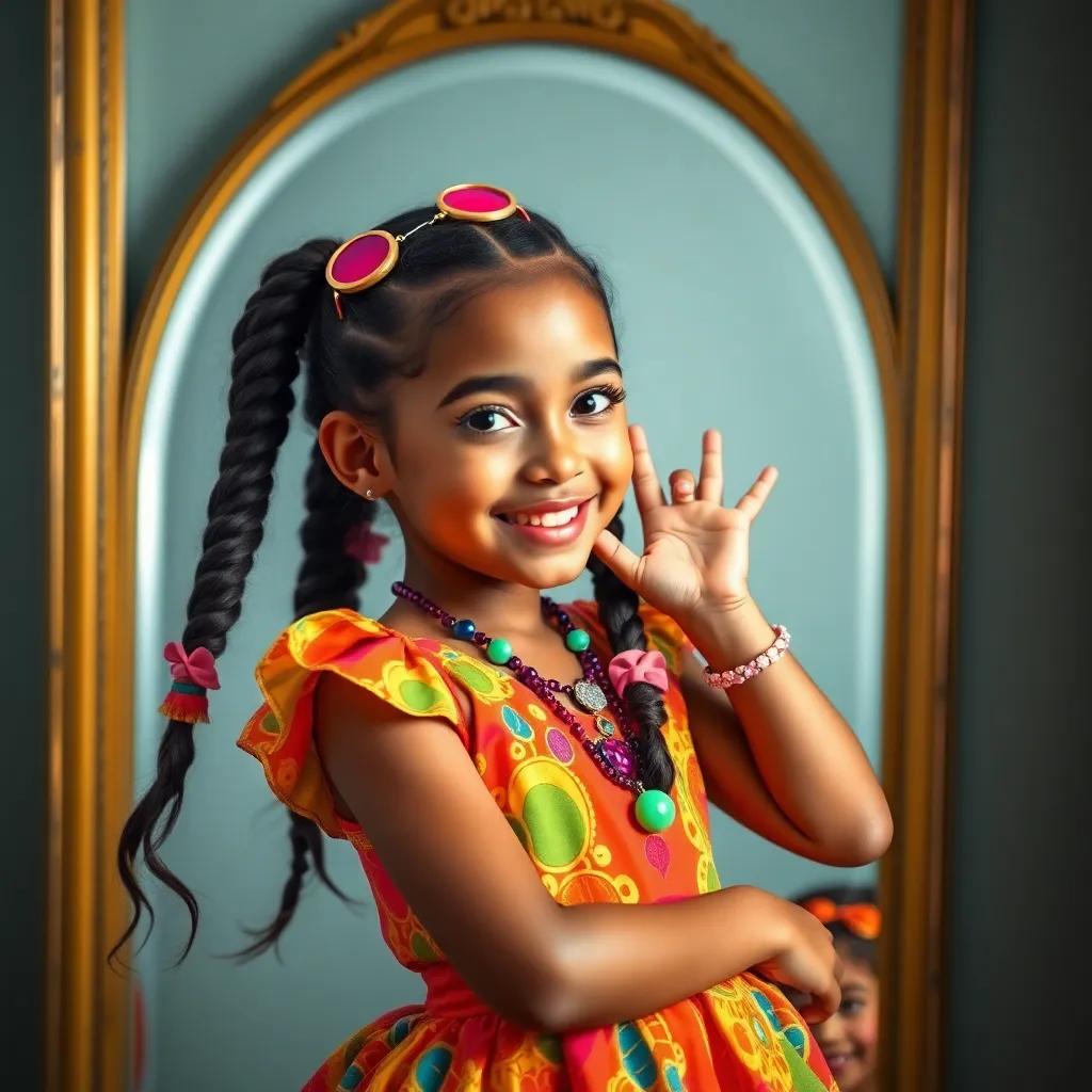 Leila, a young girl with braided hair wearing a colorful dress, posing playfully in front of a mirror, adorned with bright accessories, showcasing her new style, whimsical art, dynamic colors, cheerful mood, high quality