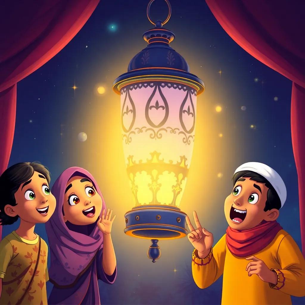 A magical lantern glowing brightly with a mystical glow, depicting its talking ability, surrounded by amazed expressions of Leila and Ahmed, filled with vibrant colors, whimsical style, detailed illustration