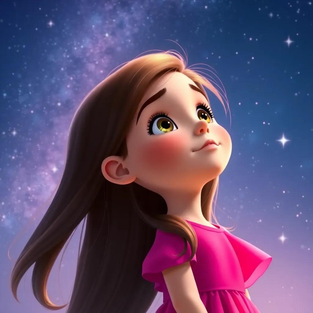 A young girl, Lily, with long, brown hair, wearing a bright pink dress, looking up at a clear starry sky, surrounded by twinkling stars, magical atmosphere, digital art, vibrant colors, curious expression, high quality