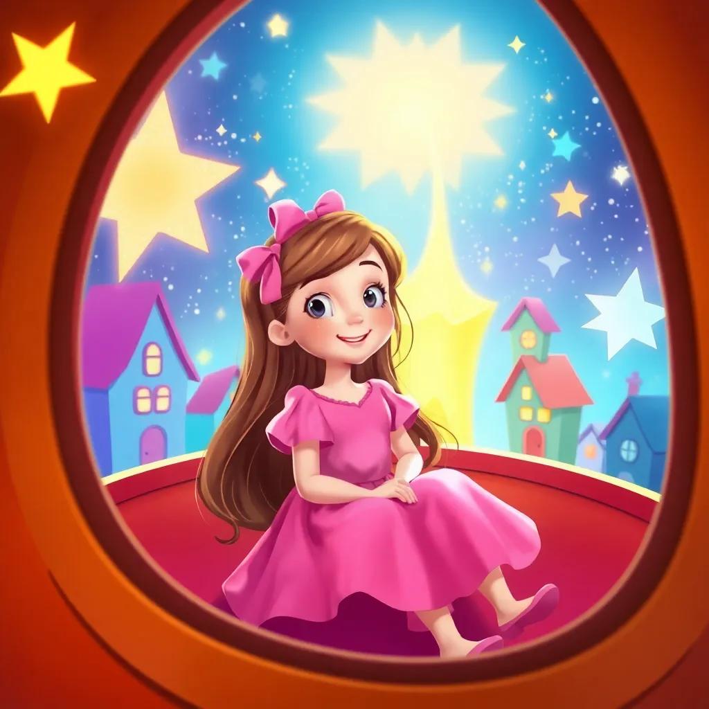 Lily, a young girl with long, brown hair in a bright pink dress, sitting in a colorful spaceship, surrounded by shining star-like houses, joyful atmosphere, digital illustration, cheerful, fantasy vibes, high quality