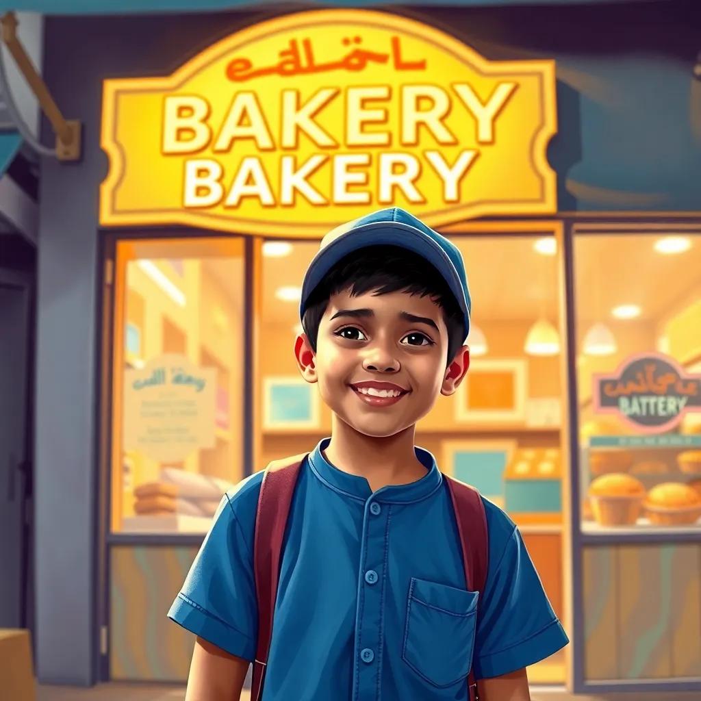 A young Arab boy, Mohamed, with short black hair wearing a blue shirt and a cap, standing in front of a bakery with a bright sign, excited for his day, digital art, cheerful atmosphere, vibrant colors, inviting scene, high quality