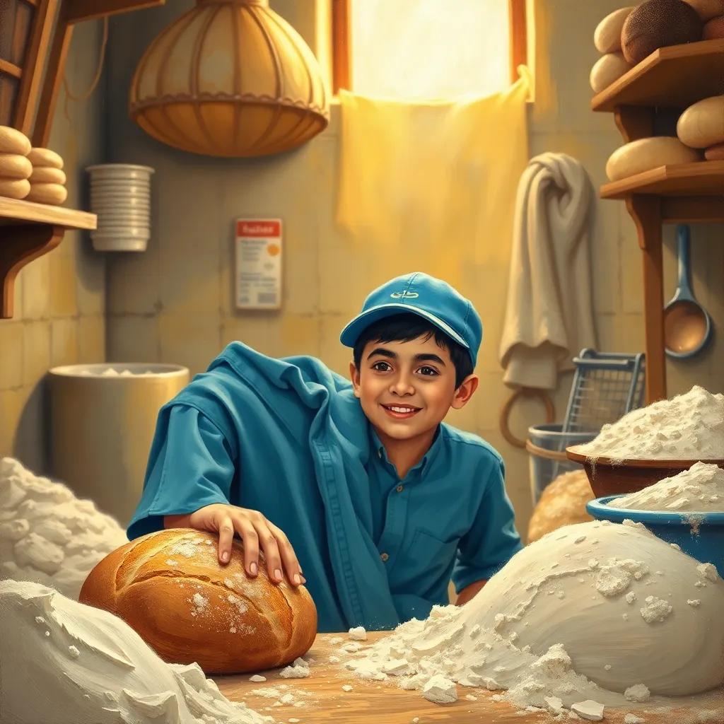 A young Arab boy, Mohamed, with short black hair wearing a blue shirt and a cap, helping a baker in a kitchen full of flour and dough, creating bread with joy, warm light, cozy environment, high quality