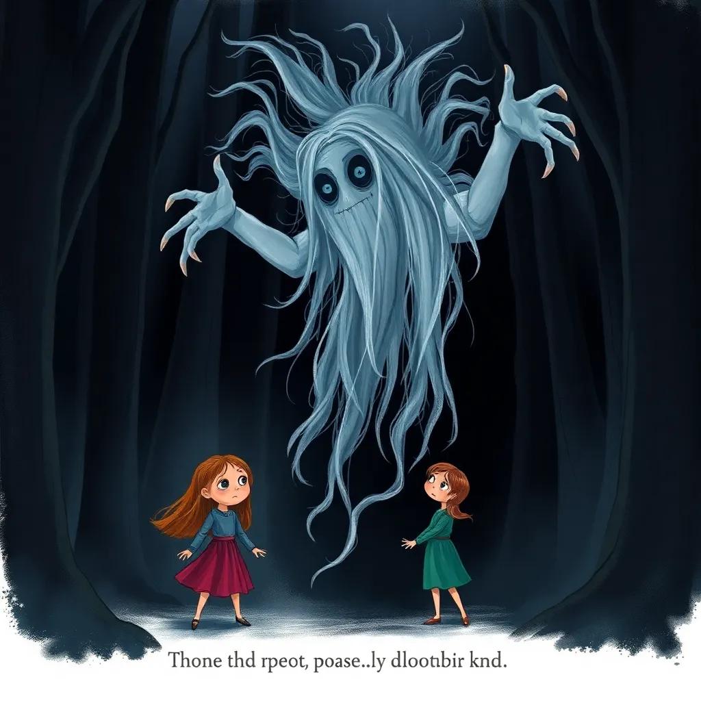 A powerful scene of a ghost with long, misty hair and a frightening look, appearing in a dark forest with a worried girl named Lonja, eerie mood, digital art, spooky yet child-friendly, good contrast, high quality