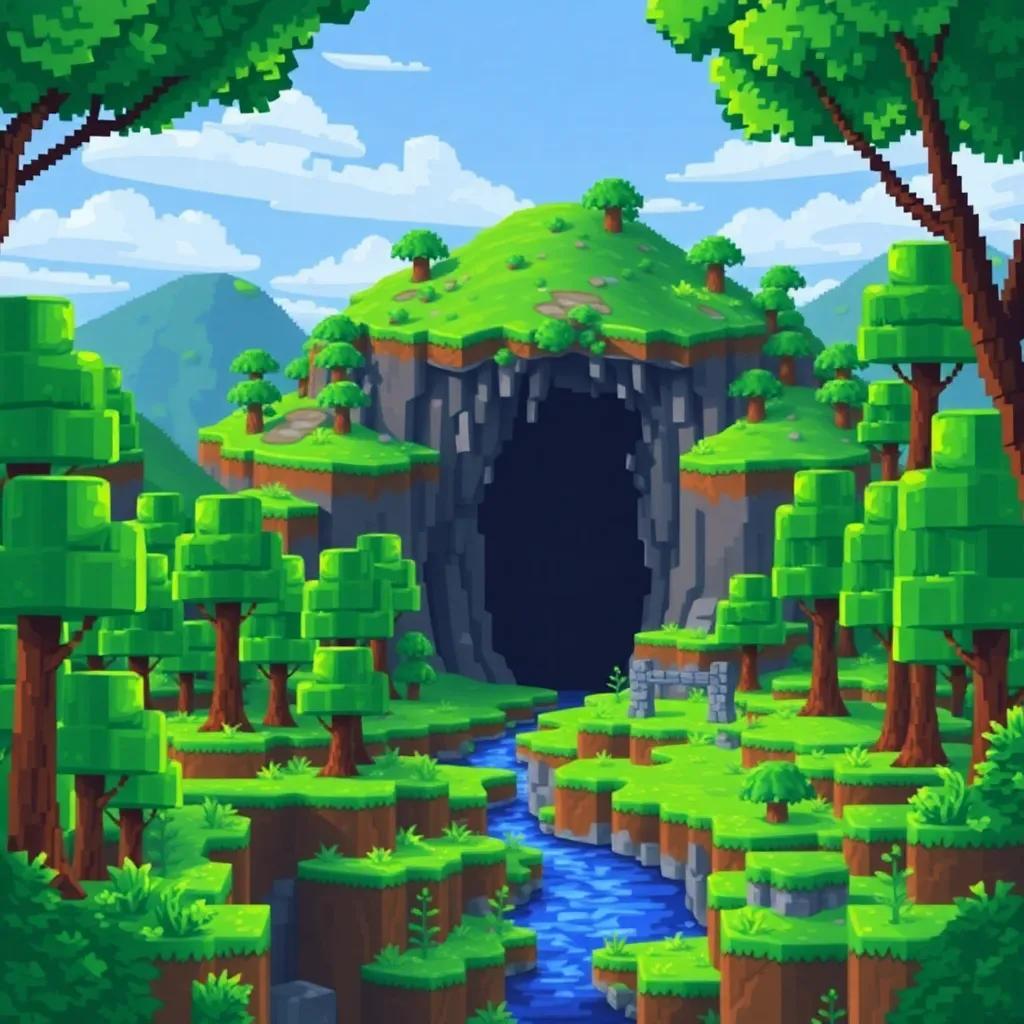 A vibrant Minecraft land filled with green trees, hills, and a dark cave entrance, bright colors, cartoon style, inviting and adventurous environment