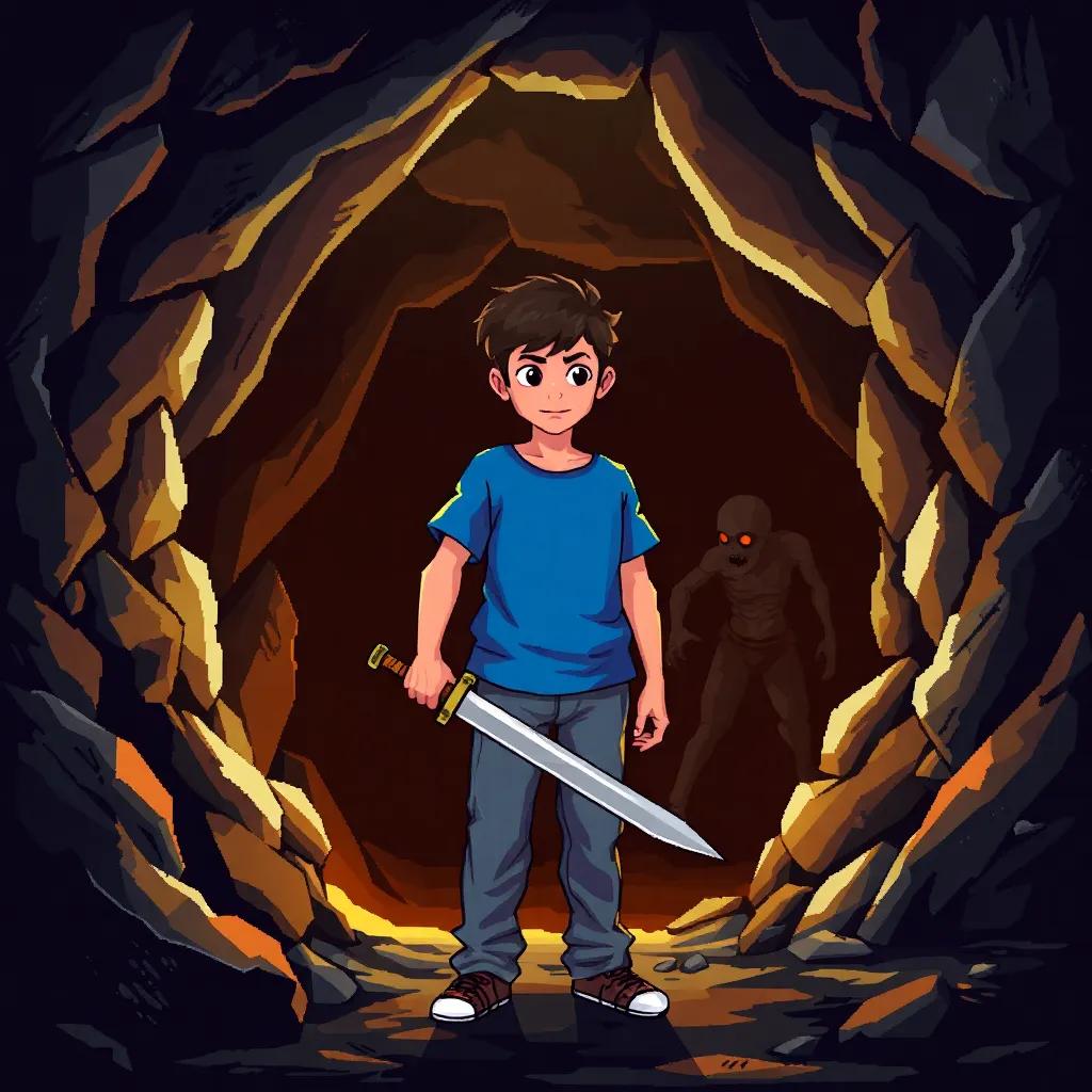 Muhammad, a young Arab boy with short black hair in a blue t-shirt and jeans, holding a sword while standing at the cave entrance with a zombie visible in the dark, action-packed scene, dynamic lighting, suspenseful