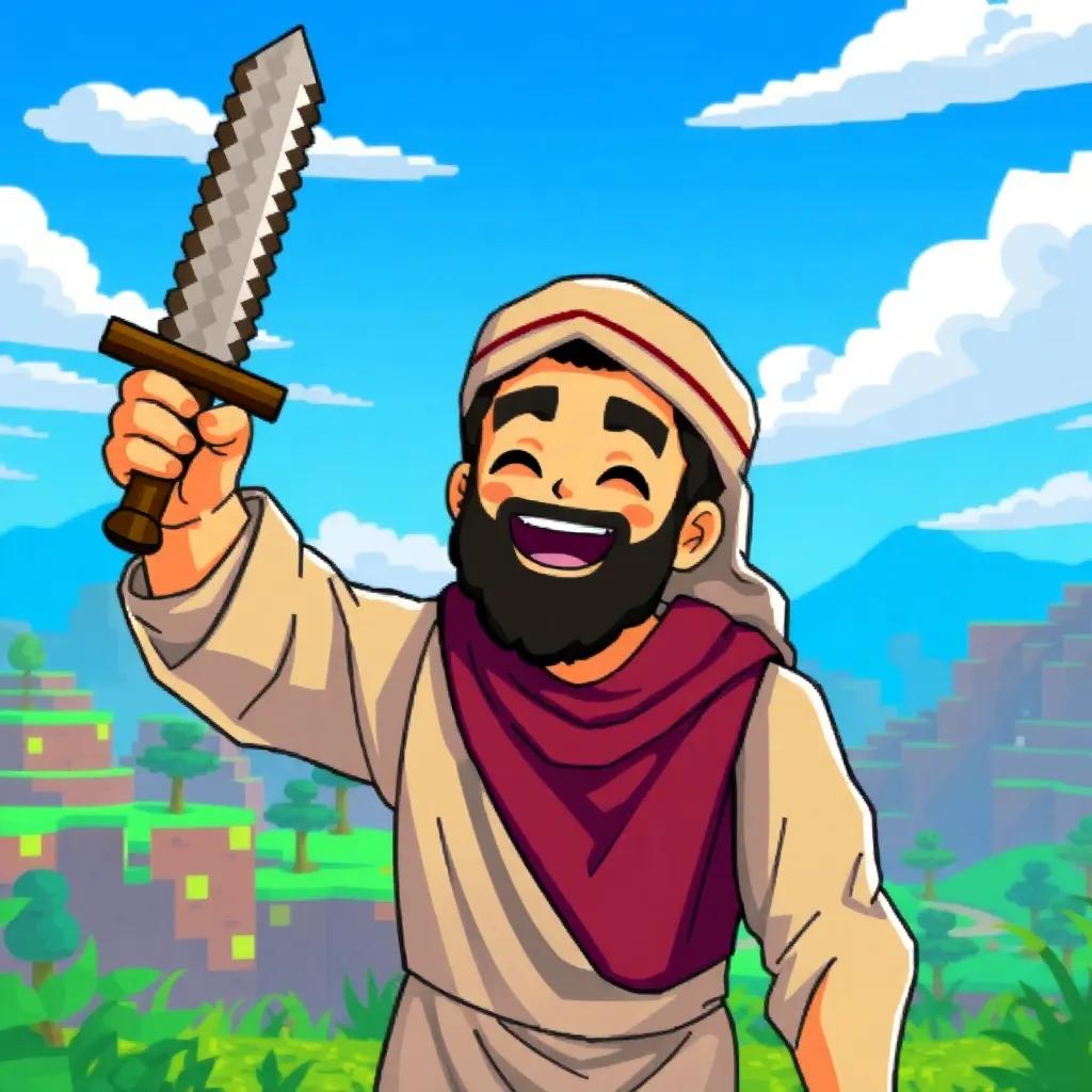 Muhammad celebrating his victory over the zombie, raising his sword high with a big smile on his face, colorful Minecraft landscape in the background, bright and uplifting, joyful