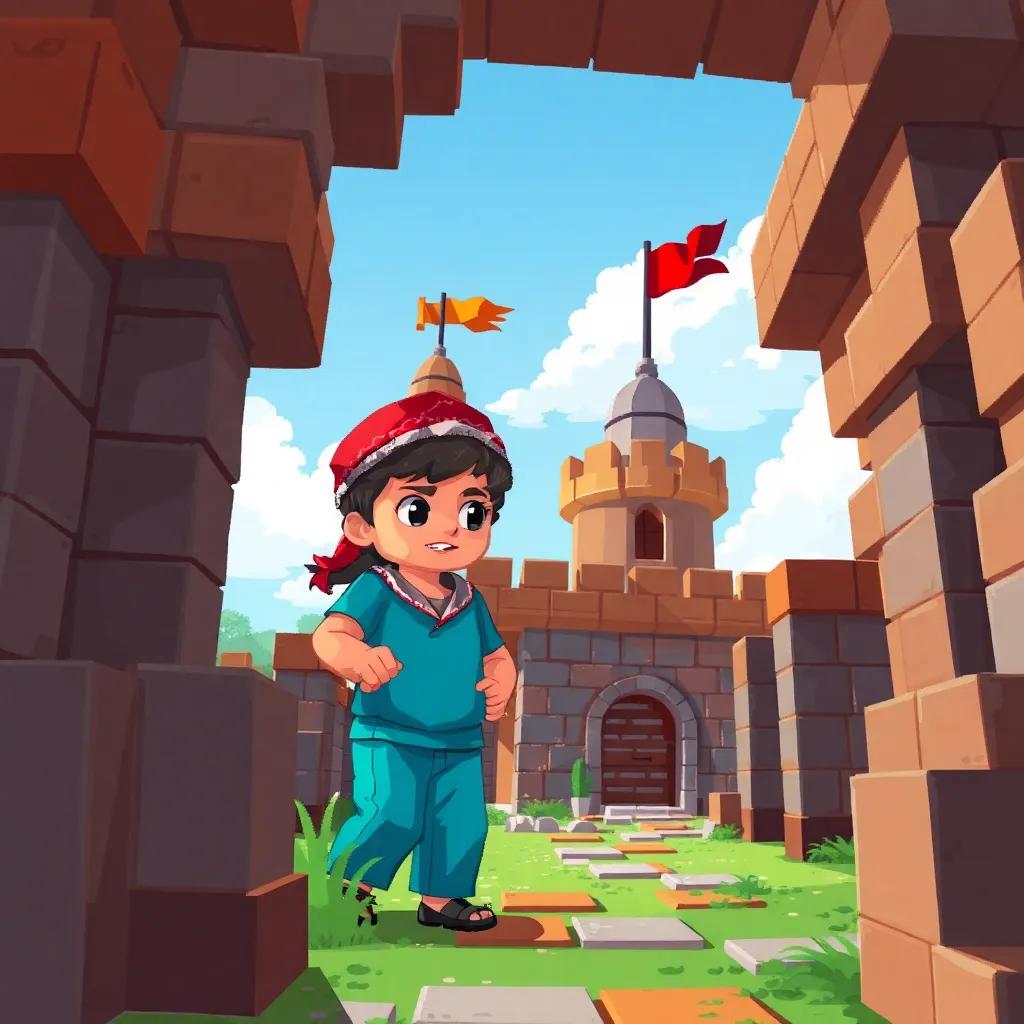 A young Arab boy, Muhammad, building a castle in Minecraft with large blocks, looking focused and determined, bright colors, lively scene, imaginative