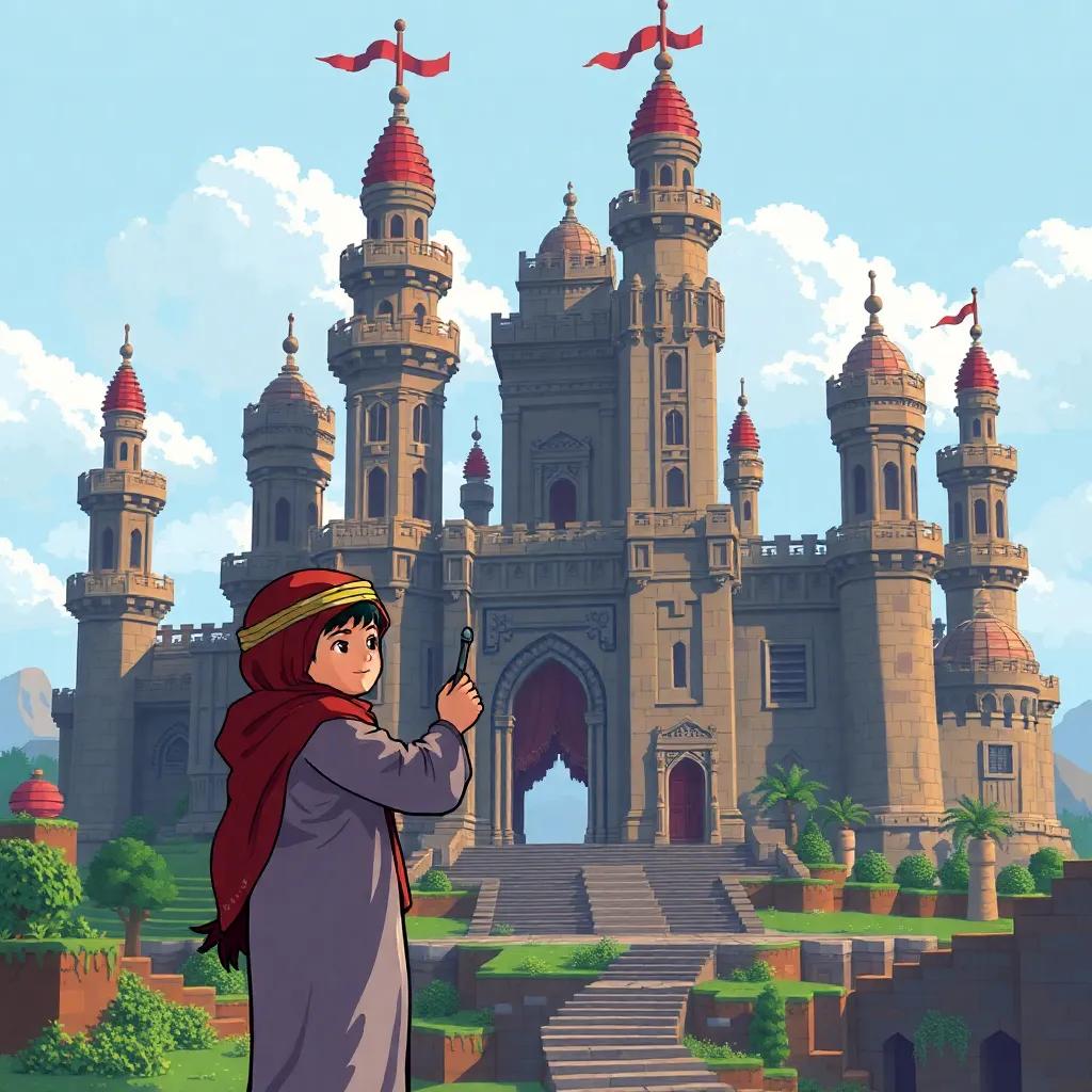 Muhammad, a young Arab boy, adding details to a magnificent castle with towers and gates, surrounded by Minecraft scenery, fantasy art, detailed and vibrant