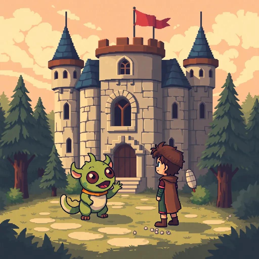 Muhammad meeting a cute forest creature, a small friendly monster with big eyes, in front of his newly built castle, warm colors, magical and friendly