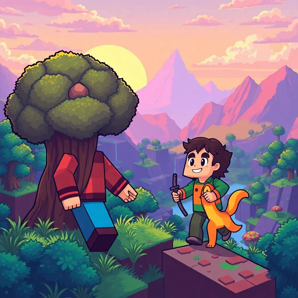 Muhammad and his new forest friend exploring the Minecraft world together, filled with colorful landscapes, action and adventure, bright and cheerful