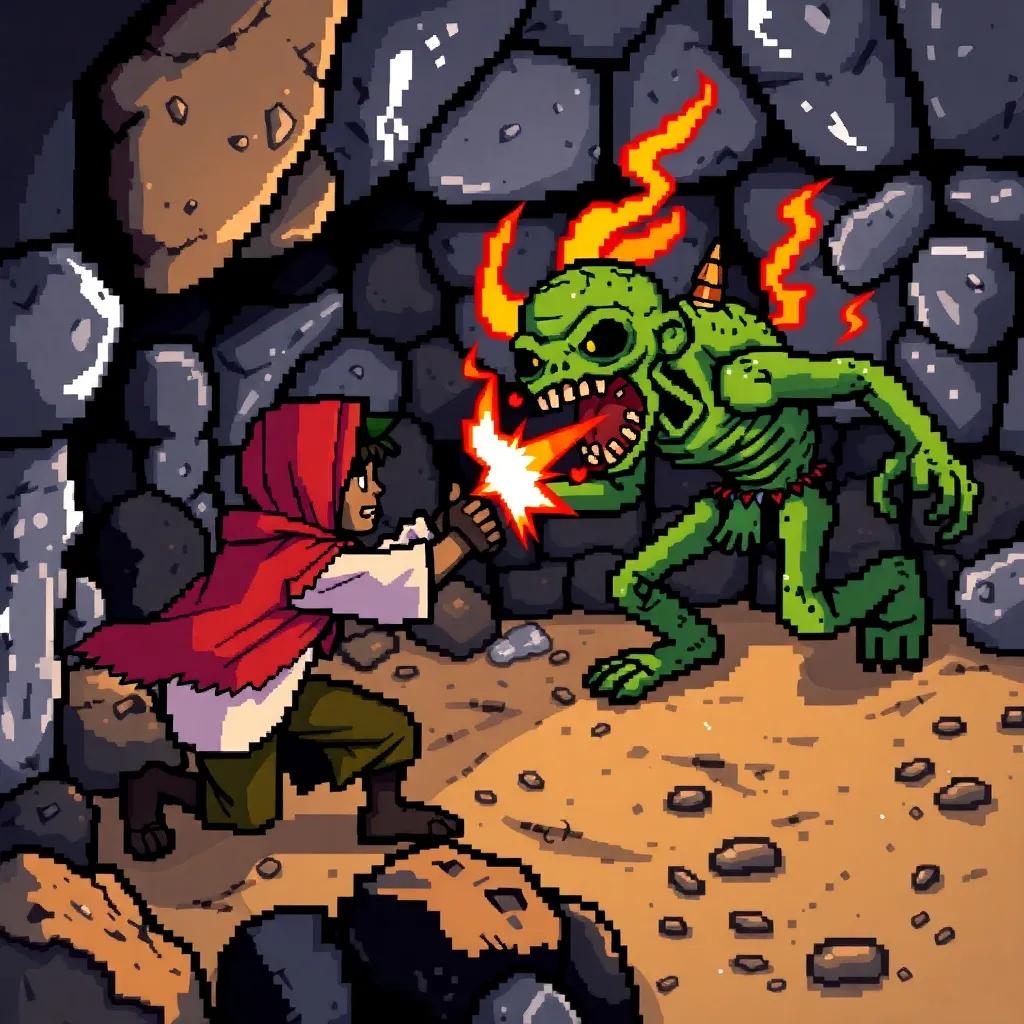 Muhammad and his new creature friend fighting against another zombie in a mine, action-oriented scene, intense and adventurous