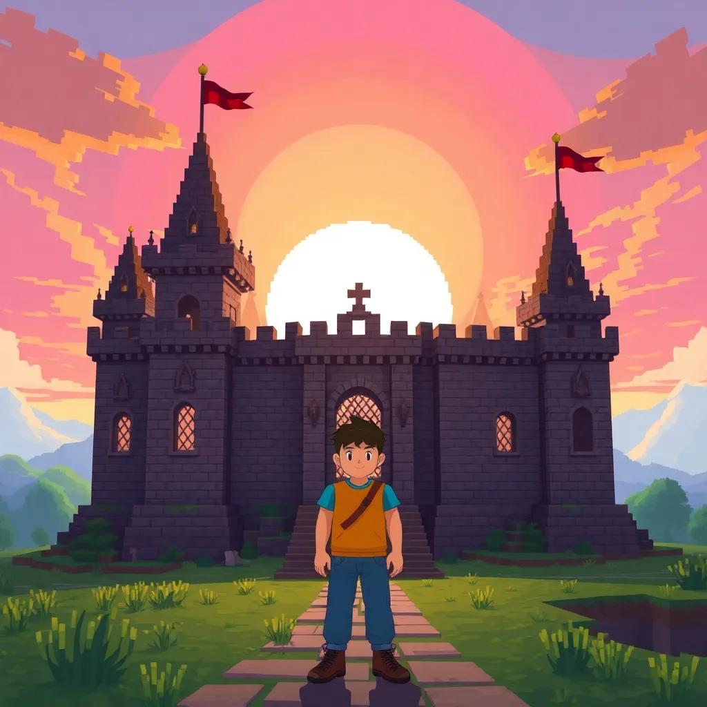 Muhammad standing proudly in front of his completed castle, with a sunset sky and a beautiful Minecraft landscape, colorful, warm light, sense of accomplishment