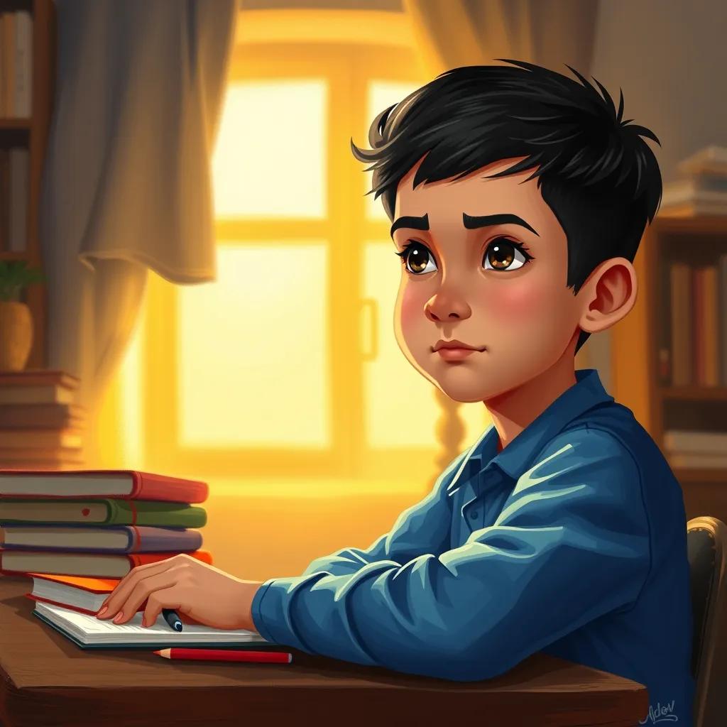 A young Arab boy, محمد, with short black hair, wearing a blue shirt, thinking with determination in his eyes, sitting at a desk with books and a notebook, warm and inviting light, study atmosphere, digital art, friendly, uplifting