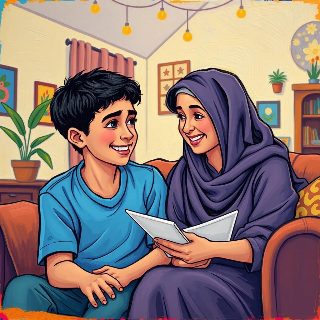 محمد, a young Arab boy, with short black hair, wearing a blue shirt, happily sitting with his mother in a cozy living room, discussing plans for success, illustrated, cheerful, vibrant colors, family warmth