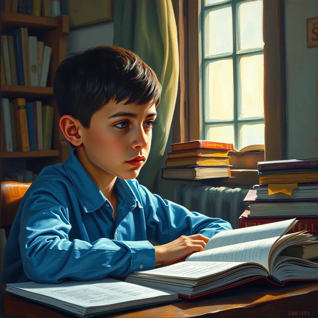 محمد, a young Arab boy, with short black hair, wearing a blue shirt, studying diligently at his desk surrounded by books and notes, focused expression, light shining through a window, inspirational atmosphere, realistic