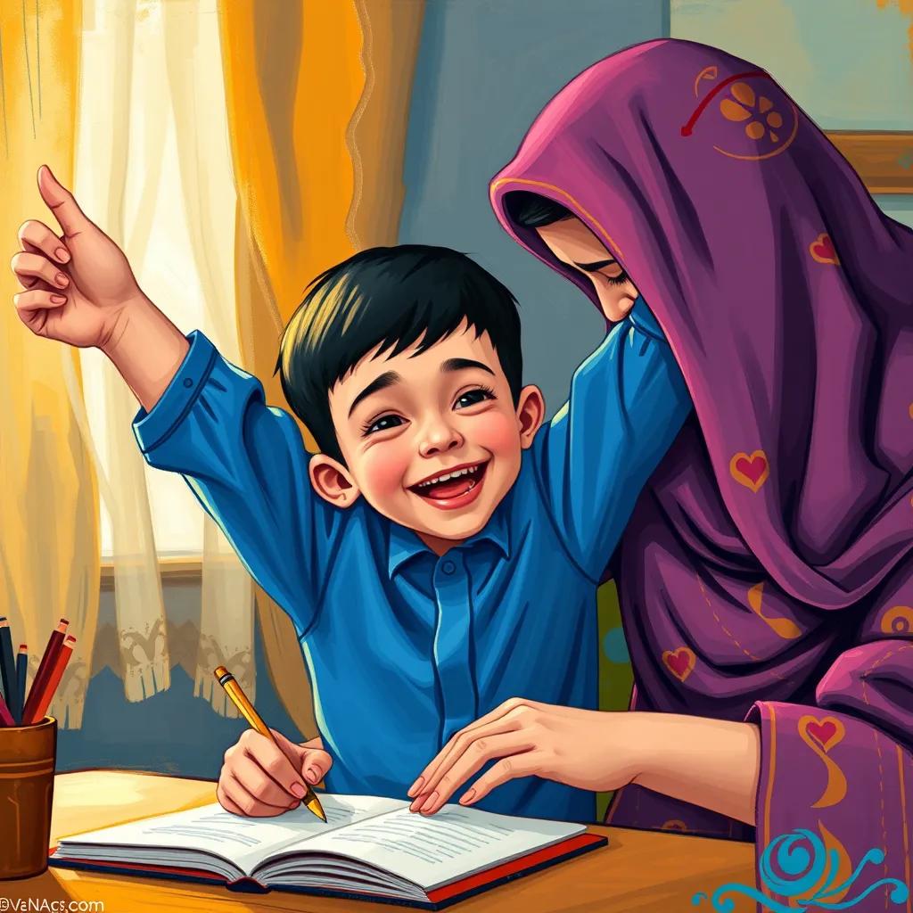 محمد, a young Arab boy, with short black hair, wearing a blue shirt, celebrating with his mother after completing his homework, joyful expressions, warm colors, family bonding scene, digital art, heartwarming