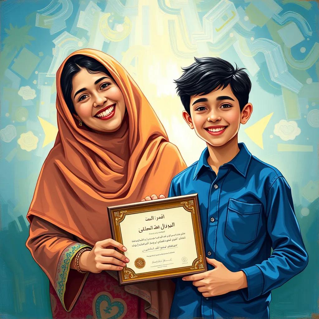محمد, a young Arab boy with short black hair, wearing a blue shirt, standing proudly with his mother showing an award he won, smiles and joy, bright light, accomplishment, fantasy illustration