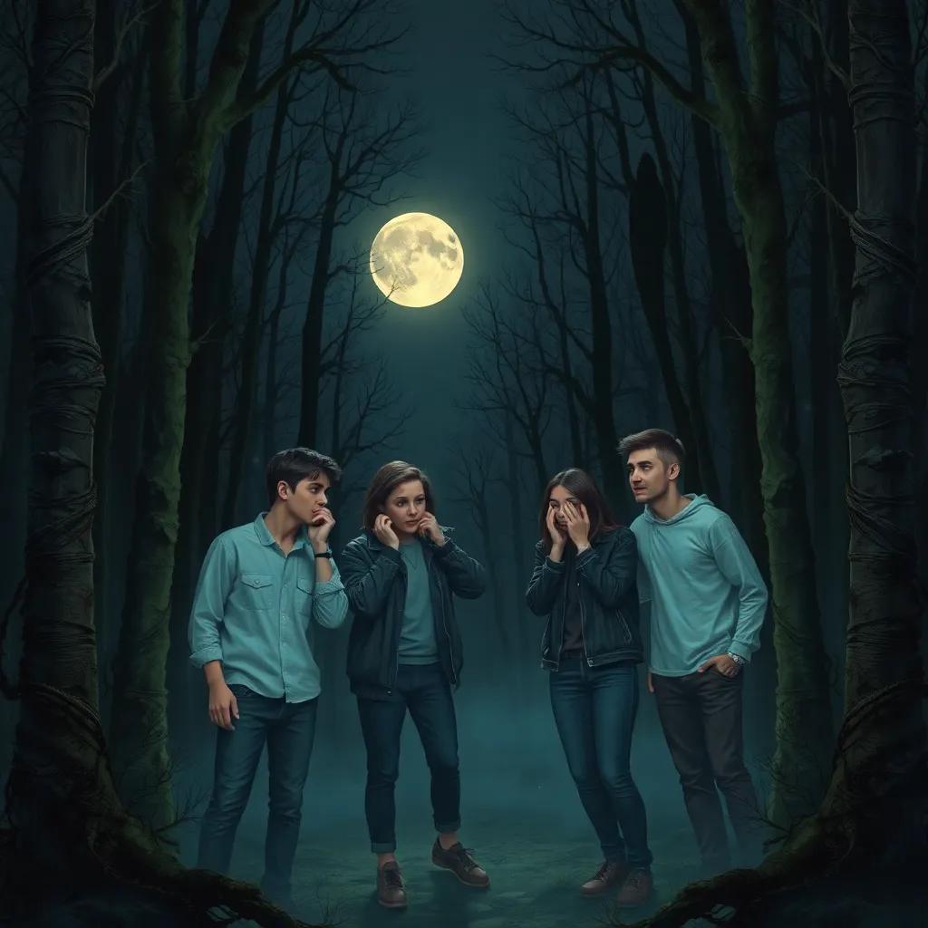 A spooky forest at night with dark trees, a full moon shining, four friends looking excited and nervous, in casual clothes, whispering to each other, digital art, eerie atmosphere, high detail