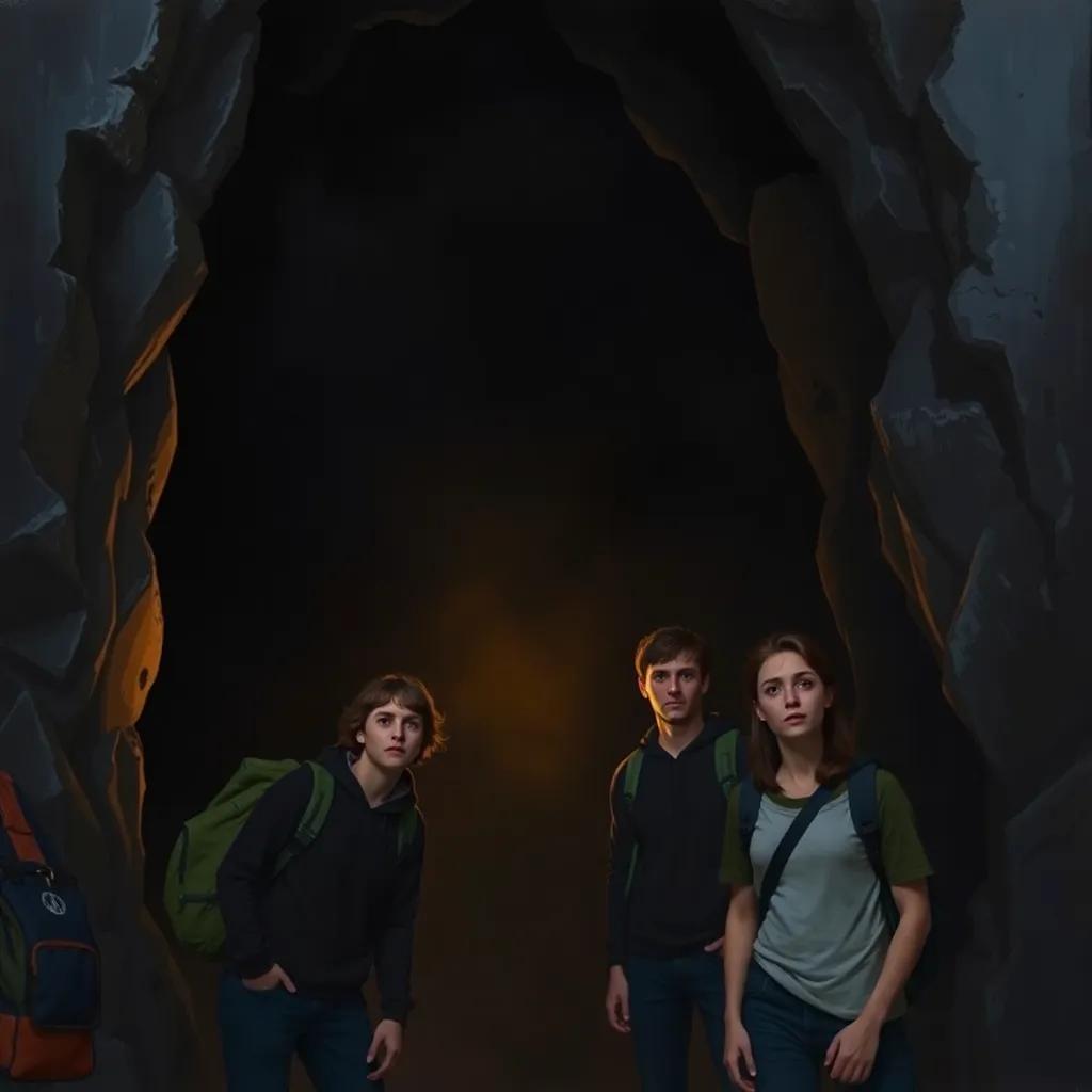A dark cave entrance looming with shadows, showing four friends looking anxious, their faces illuminated by a dim light, wearing backpacks, digital painting, suspenseful, cinematic view