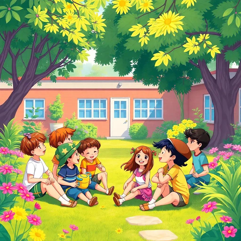 A sunny school garden with a group of diverse children sitting together, talking and laughing, vibrant nature around them, cheerful atmosphere, illustration, colorful and inviting