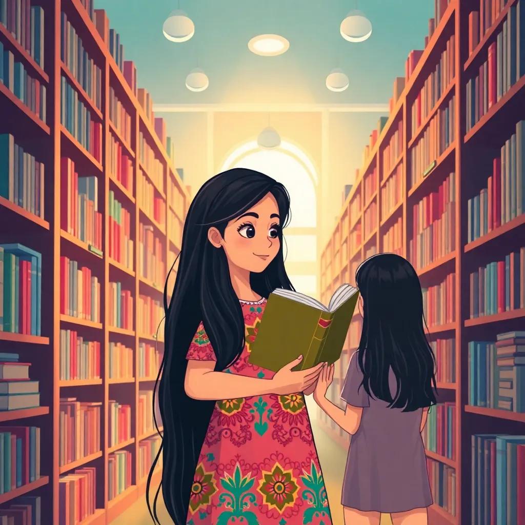 A bright library filled with bookshelves, MARIAM, a young Arab girl with long, dark hair wearing a colorful dress, reading a book with her friends, illustration, warm light, uplifting atmosphere
