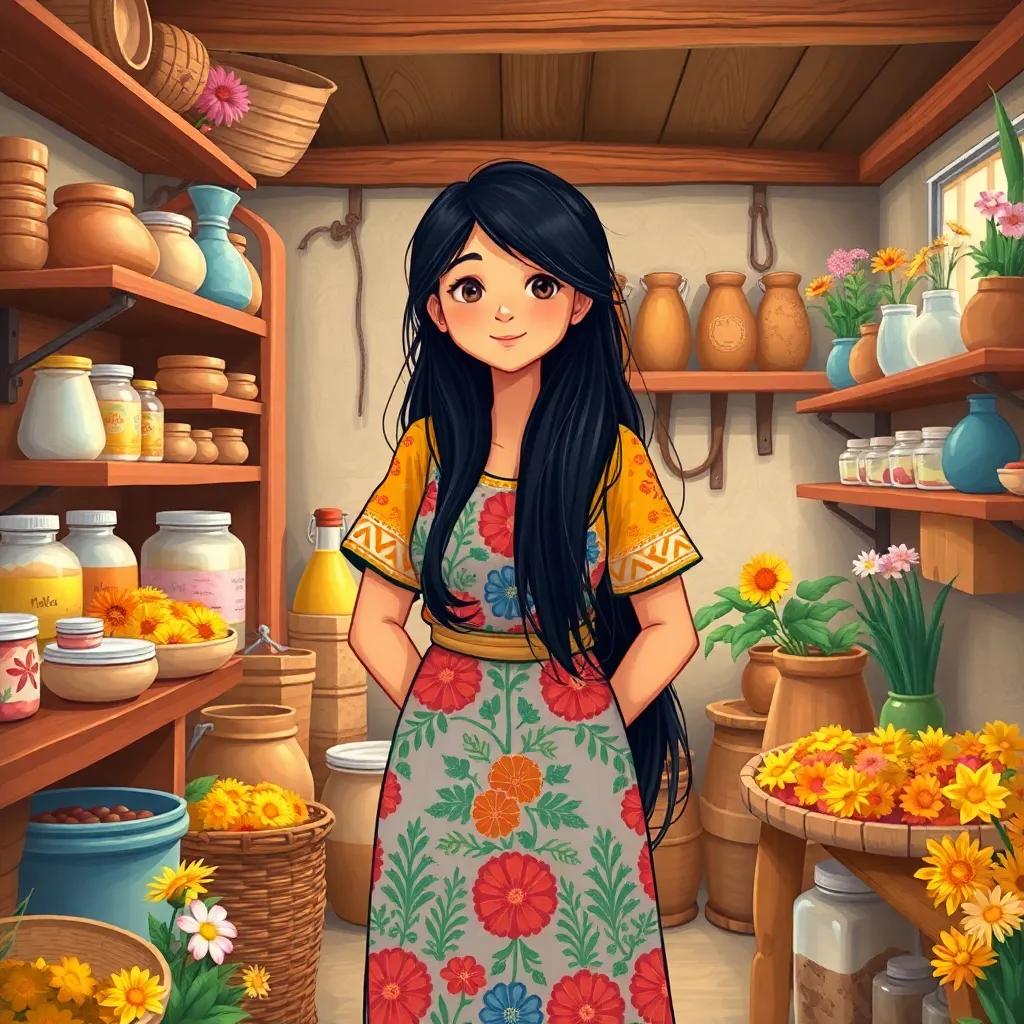A hardworking woman, Mariam, with long black hair, wearing a colorful dress, standing in a small workshop filled with natural products, scents of flowers around her, digital art, detailed, warm colors, inviting atmosphere, high quality