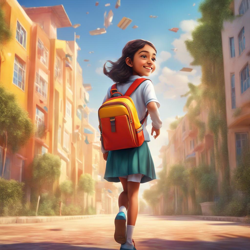 A smart and ambitious Arab girl, Mariam, wearing a colorful school uniform, excitedly carrying a backpack filled with books, walking to school under a bright sunny sky, digital art, vibrant colors, cheerful atmosphere, high quality