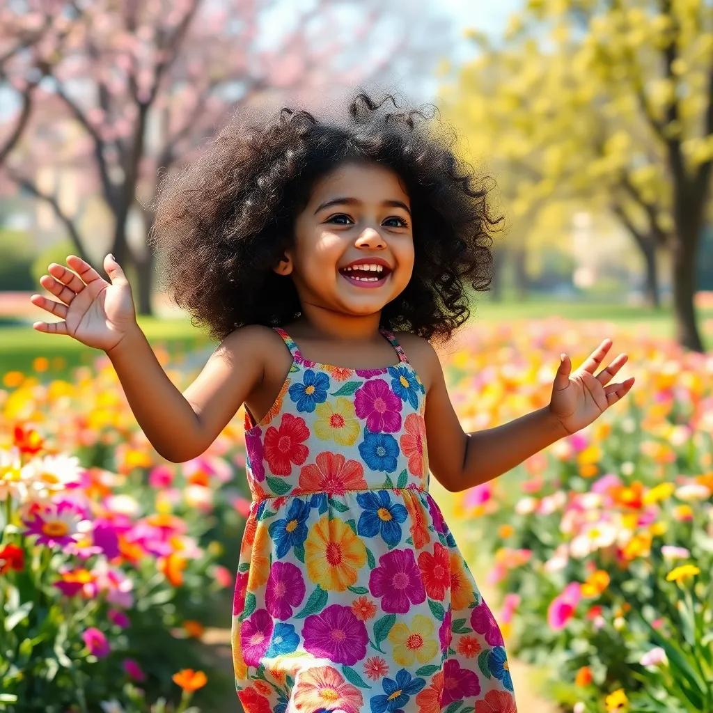 A young girl, Raqiya, with curly black hair, wearing a colorful dress, jumping in a sunny park filled with flowers, joyfully singing with a bright, cheerful atmosphere, digital art, vibrant colors, lively and happy perspective, high quality