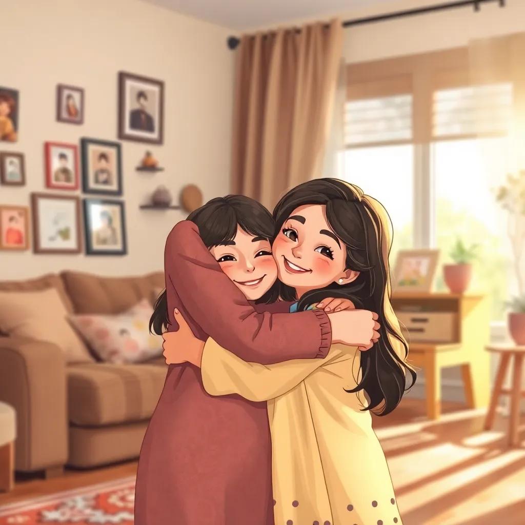A young girl, Raqiya, hugging her mother in a cozy living room, both smiling warmly, surrounded by family photos and soft sunlight filtering through the window, illustration, heartwarming, peaceful mood, child-friendly